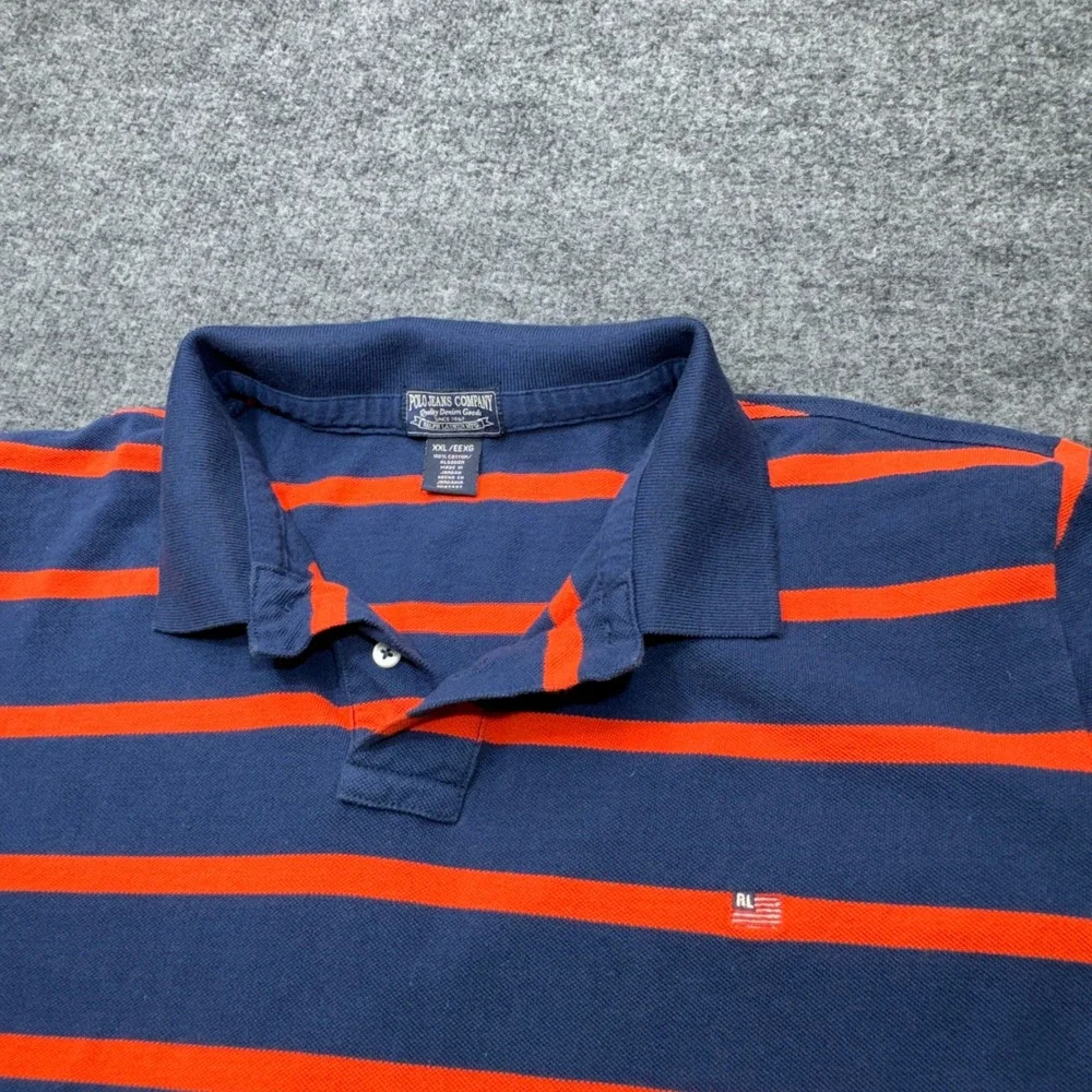 Vintage Polo Jeans Company Shirt Mens 2XL Blue Striped Pique USA Flag Logo 90s